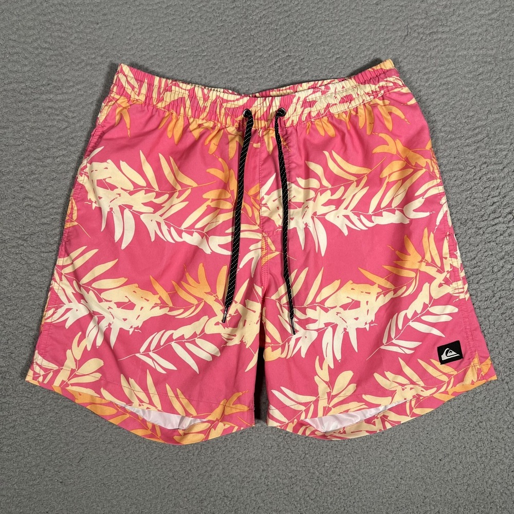 Quiksilver Waterman Shorts Mens Medium Pink Floral Swim Trunks‎ Drawstring Logo